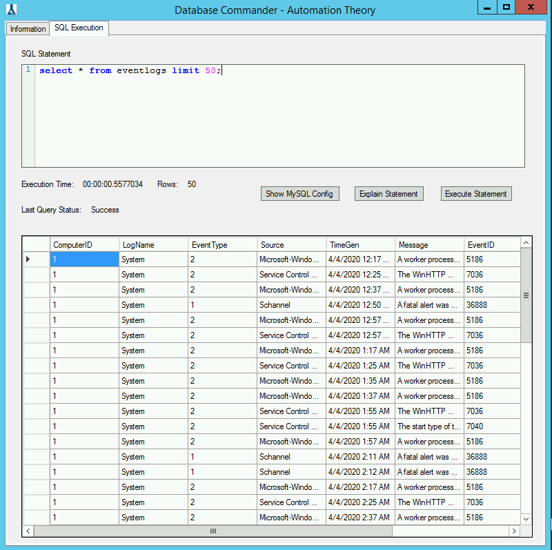 sql tabs select all from databsae